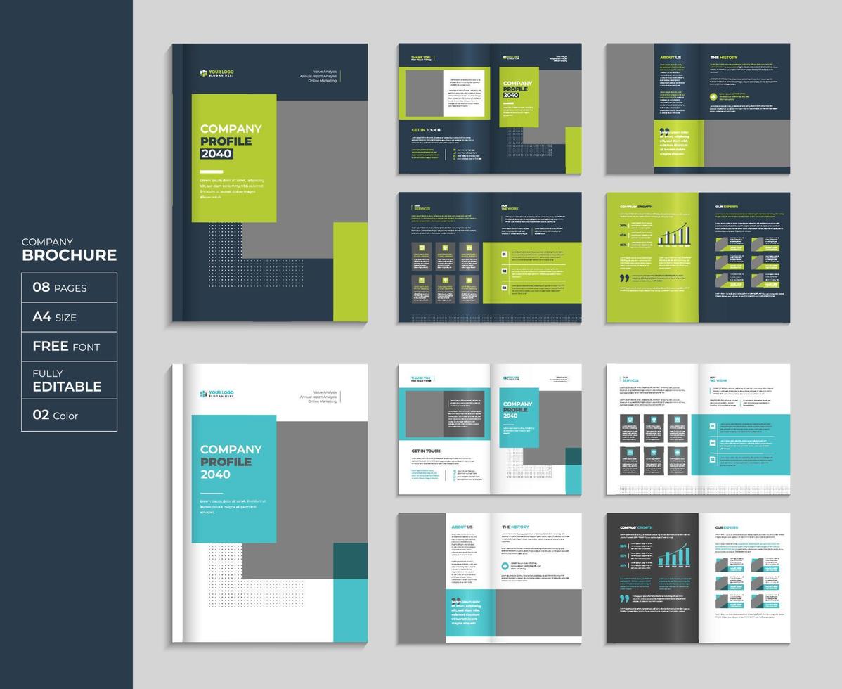 Blue or green corporate 8 page brochure and booklet template, modern company profile layout Pro Vector