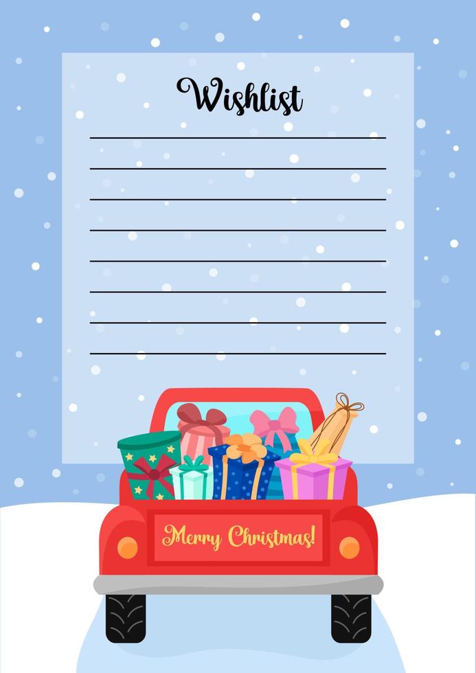 Christmas wishlist. Xmas wish list with copy space for writing. Car with gifts back view. Flat vector illustration. Letter to Santa Claus blank template.