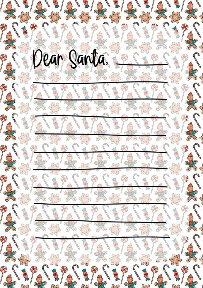 Letter to Santa Claus blank template. Christmas wishlist with copy space for writing. Dear Santa words. Vector illustration with doodle gingerbread and sweets on background. Vertical A4 format