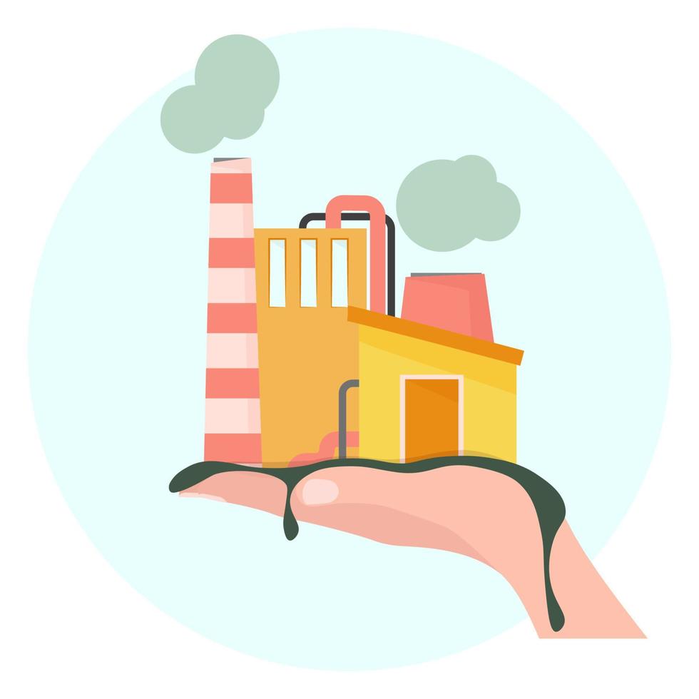 Hand with a factory on top and flowing dirt in honor of the fight against environmental pollution vector