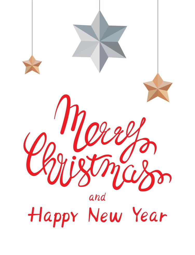 Vector template card of Xmas and New Year greetings. Lettering text and Stars on white background. Isolated illustration for an on-screen digital greeting by email or paper card for personal delivery.