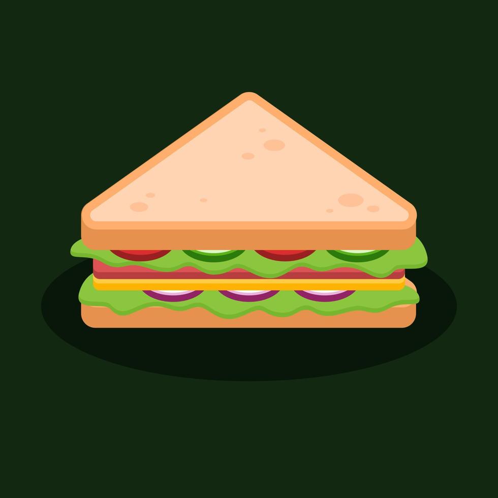 Isometric sandwich with bread, ham, tomato, cheese, cucumber, onion, and lettuce. Delicious fast food concept. Breakfast or lunch dish. Cartoon meal icon. Vector graphic design cuisine illustration.
