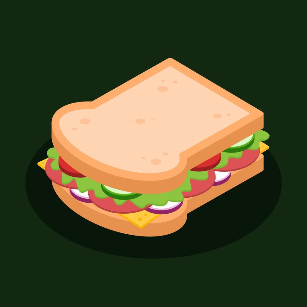 Isometric sandwich with bread, ham, tomato, cheese, cucumber, onion, and lettuce. Delicious fast food concept. Breakfast or lunch dish. Cartoon meal icon. Vector graphic design cuisine illustration.