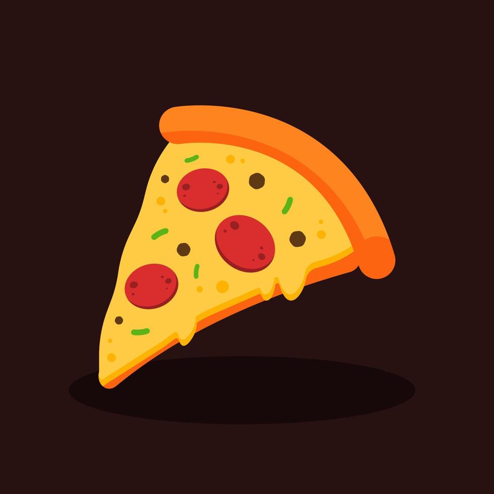 Rebanada de pizza de pepperoni o salami con queso derretido. concepto de comida rápida. comida chatarra o menú poco saludable. icono de comida de dibujos animados lindo. plato de cocina italiana. ilustración aislada de diseño gráfico vectorial plano. vector