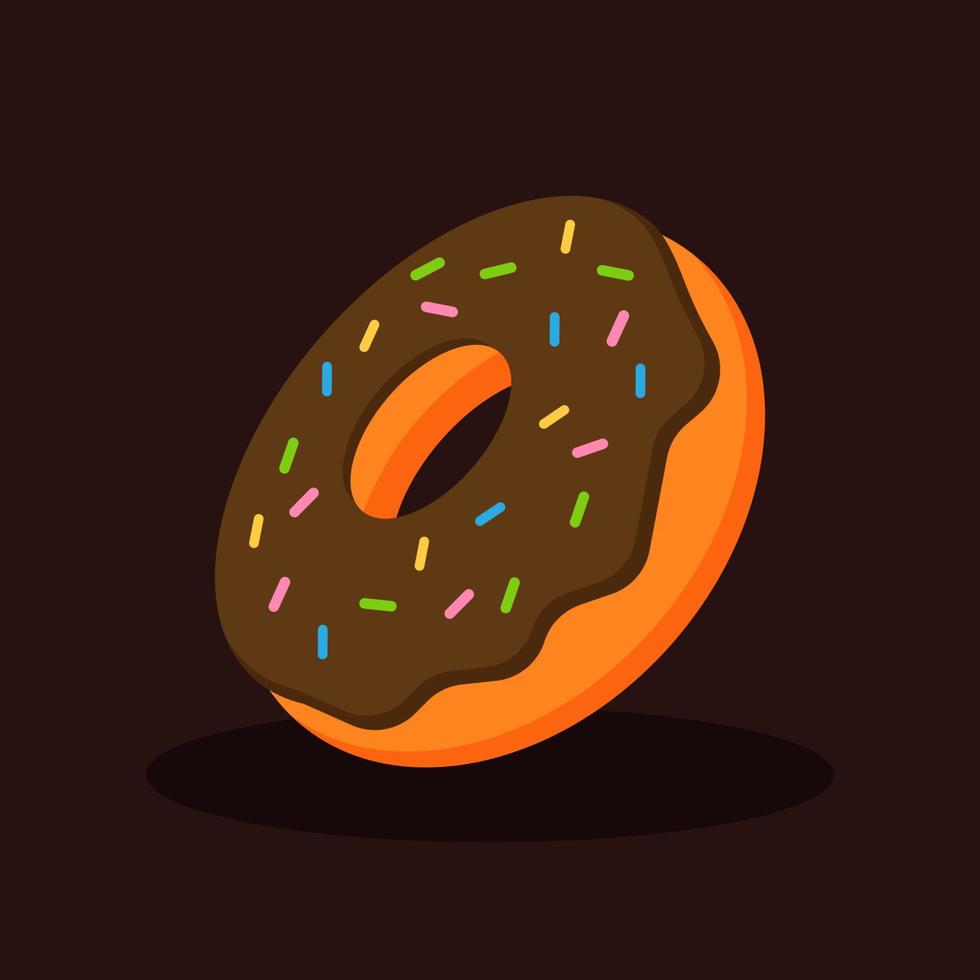 Chocolate donut with colorful sprinkles. Delicious sweet dessert. Fast food or snack concept. Junk food or unhealthy menu. Cute cartoon meal icon. Flat vector graphic design isolated illustration.