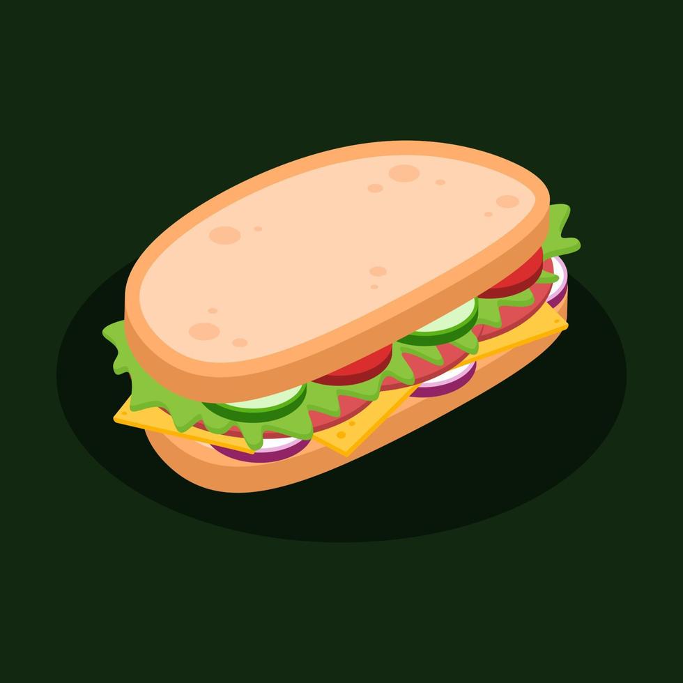 Isometric sandwich with bread, ham, tomato, cheese, cucumber, onion, and lettuce. Delicious fast food concept. Breakfast or lunch dish. Cartoon meal icon. Vector graphic design cuisine illustration.