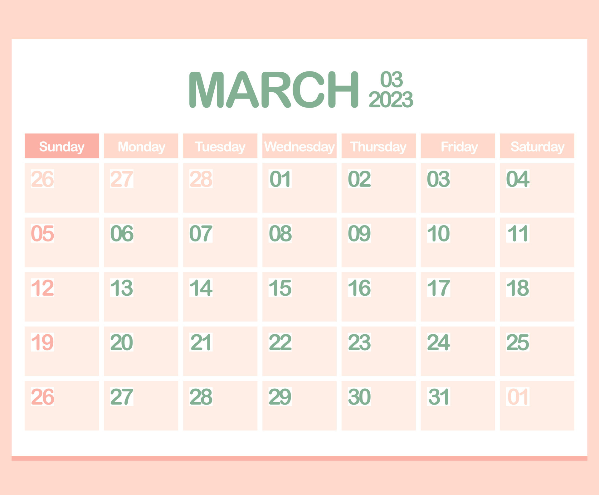 Calendar for year 2023. March. Office Corporate planner template in