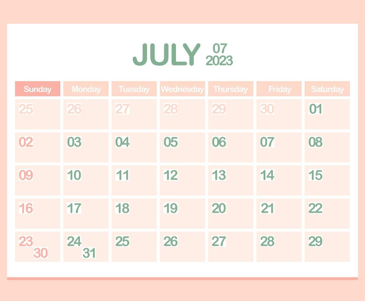 Calendar for year 2023. July. Office Corporate planner template in pastel colors vector