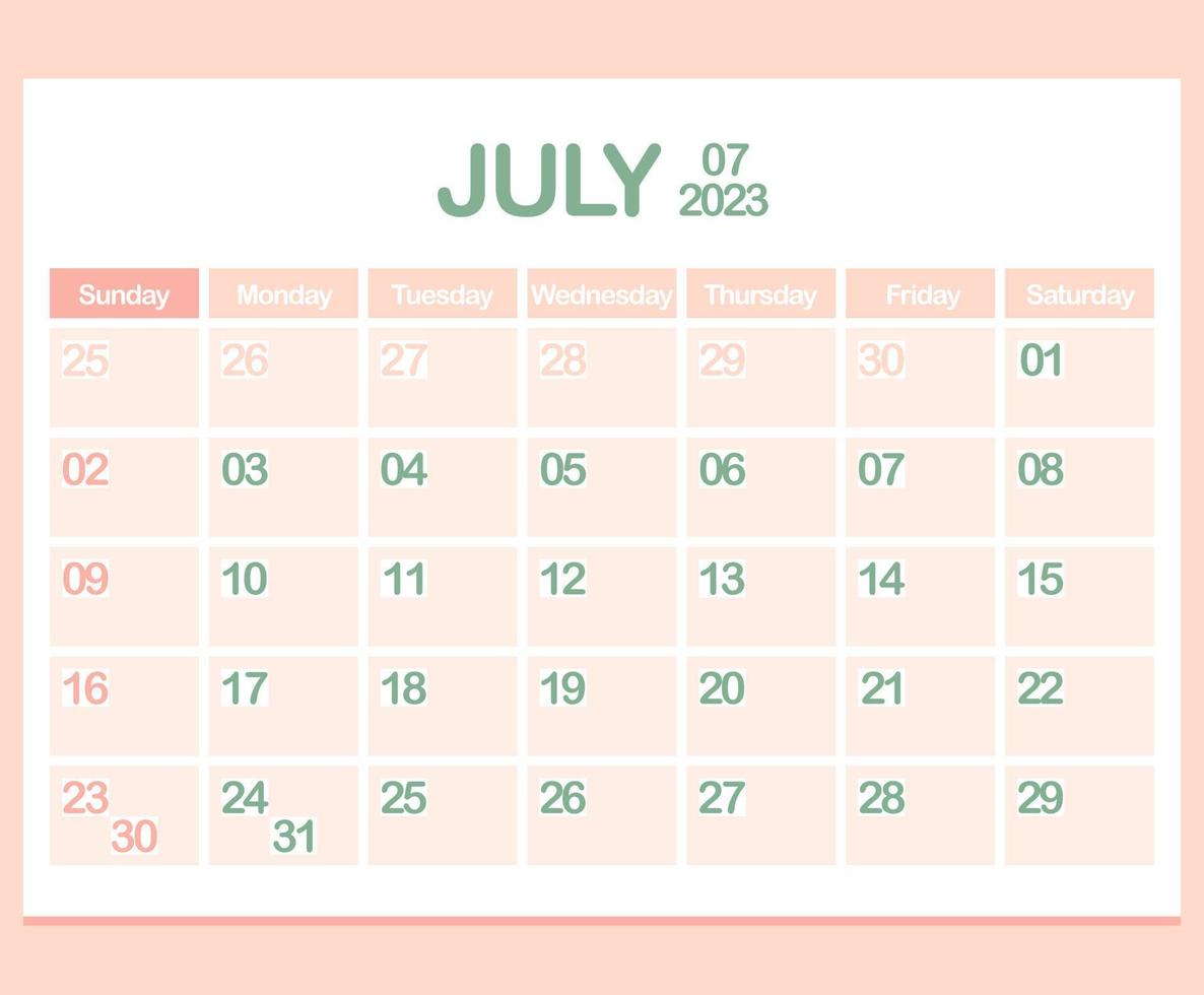 calendario para el año 2023. julio. plantilla de planificador corporativo de oficina en colores pastel vector