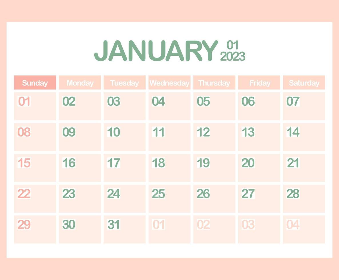 Calendar for year 2023. January. Office Corporate planner template in pastel colors. Wall or Desktop calendar page. Minimalism. Week starts on Sunday vector