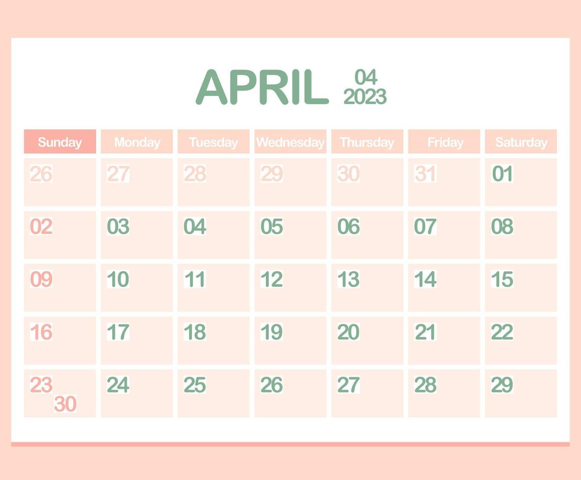 Calendar for year 2023. April. Office Corporate planner template in pastel colors. Wall or Desktop calendar page. Minimalism. Week starts on Sunday vector