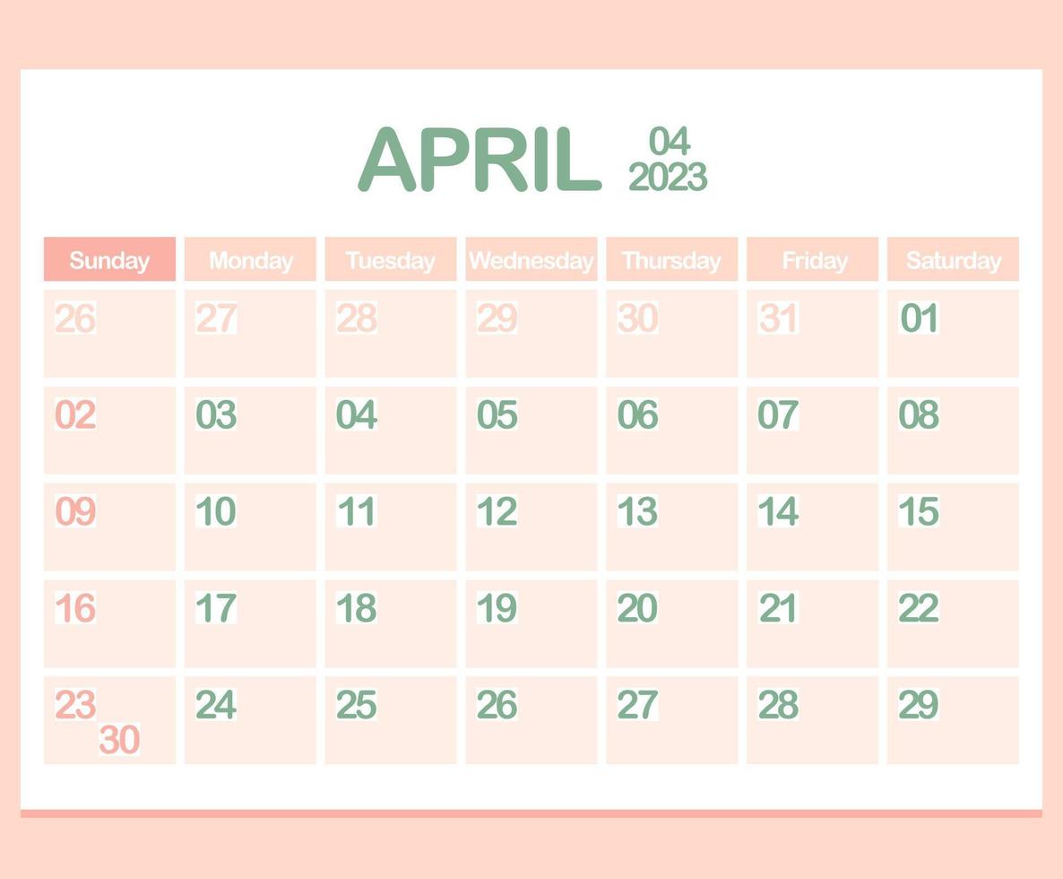 calendario para el año 2023. abril. plantilla de planificador corporativo de oficina en colores pastel. página de calendario de pared o escritorio. minimalismo la semana comienza el domingo vector