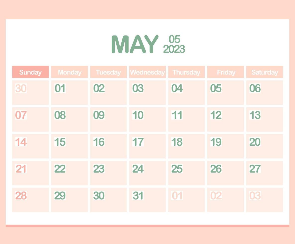 Calendario 2023 De Mayo calendario para el año 2023. mayo. plantilla de planificador corporativo de  oficina en colores pastel. página de calendario de pared o escritorio.  minimalismo la semana comienza el domingo 13322042 Vector en Vecteezy