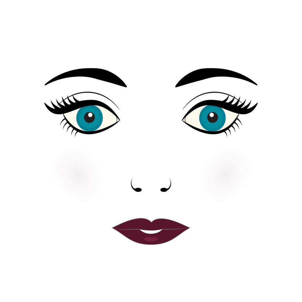 Ilustración de vector de cara de mujer joven linda. cara de muñeca con ojos azules, pestañas, cejas y labios rojos burdeos sobre fondo blanco.