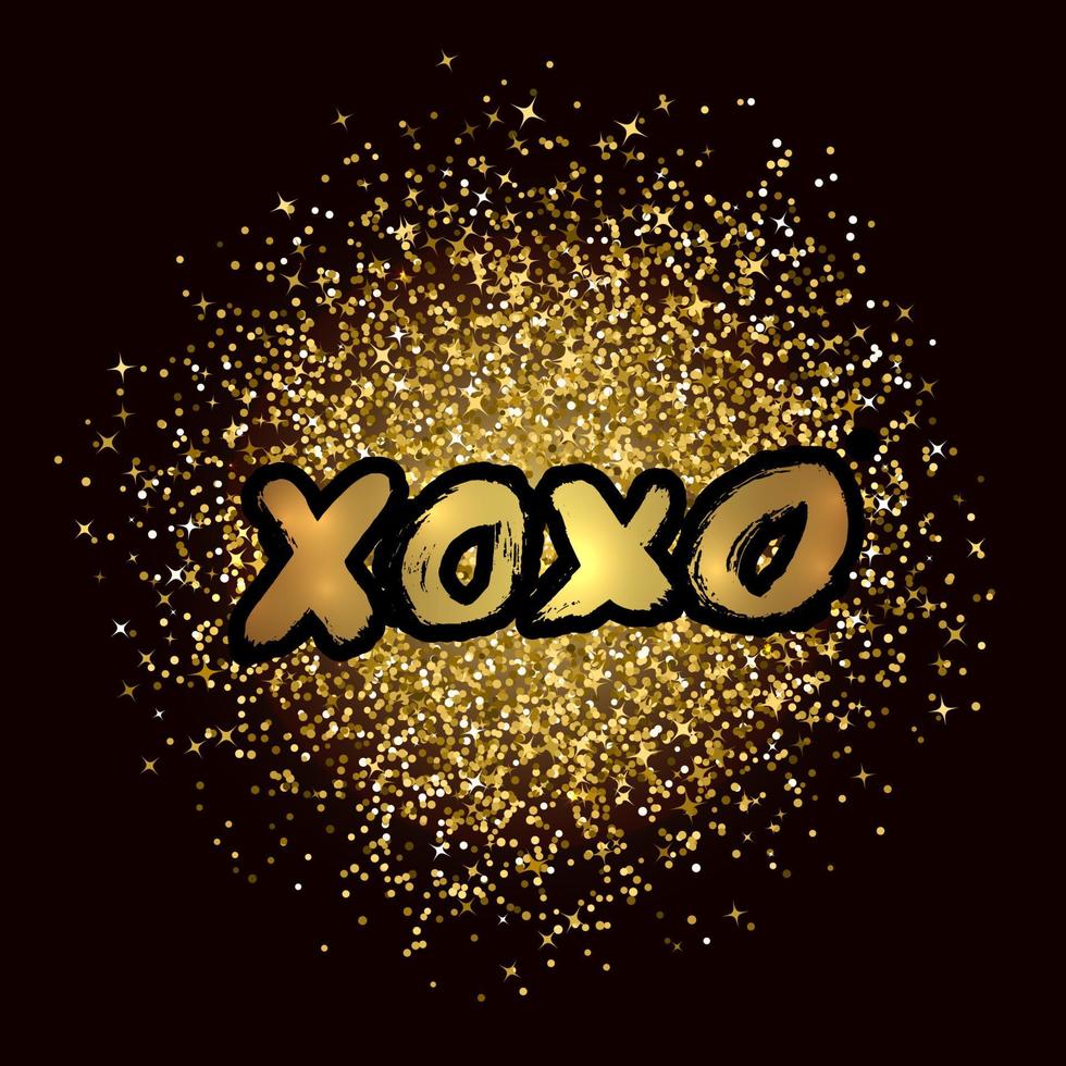 XOXO hand written phrase on gold glitter confetti background. Hugs and kisses sign. Grunge brush lettering XO. Easy to edit template for Valentines day greeting card, banner, poster, flyer, postcard. vector