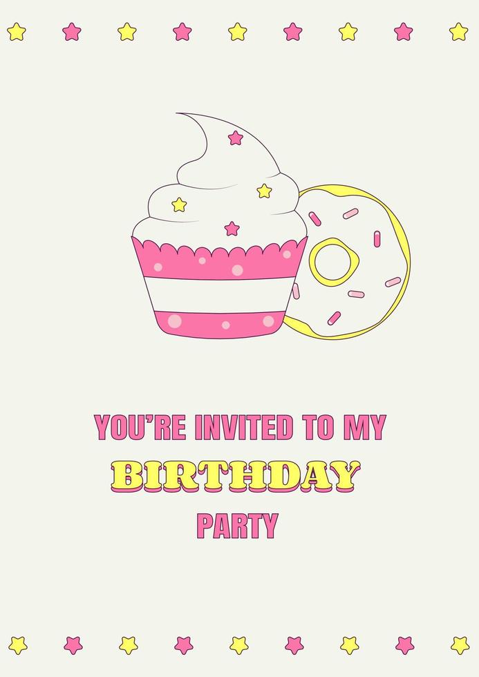 tarjeta de felicitación de invitación de fiesta de cumpleaños con cupcake y donut vector