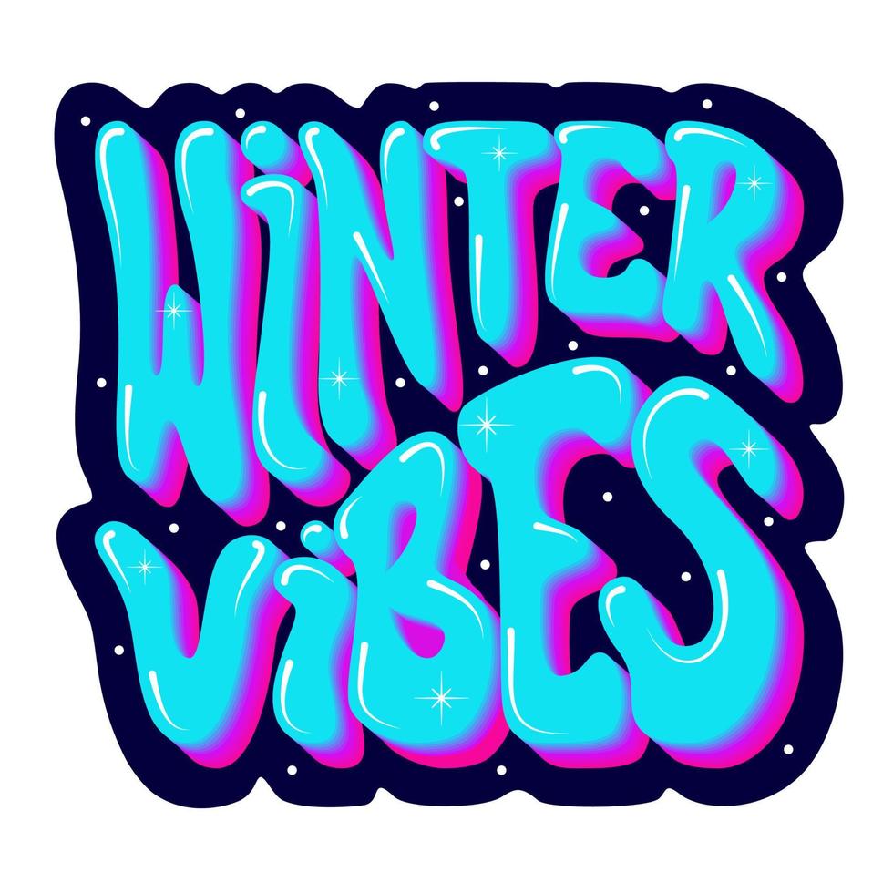 Lettering illustration of Winter Vibes for holidays greeting card. Modern design with gradient. Poster on dark background with snowflakes. Template for T-shirt, banner, print invitation. Vector