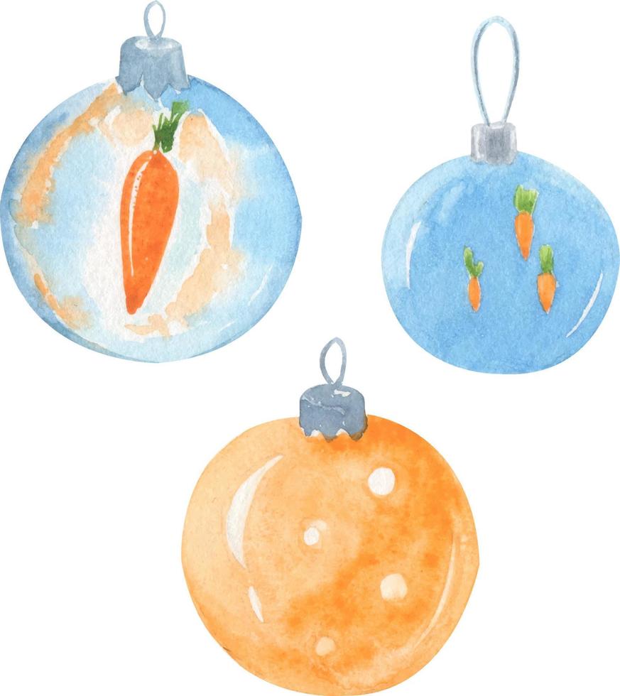 web acuarela árbol de navidad juguetes aislados en blanco. bolas azules y naranjas con zanahorias vector