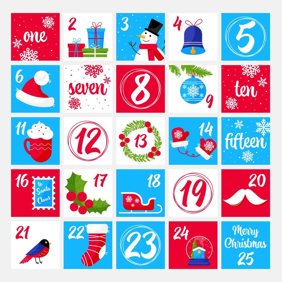 Christmas advent calendar with numbers for counting down the December days until celebration. Winter holidays calendar with Christmas decoration elements and dates. Flat vector illustration.