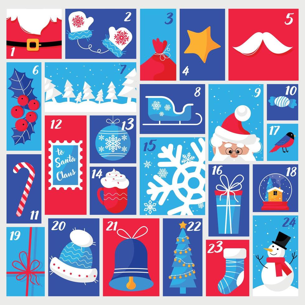 Advent calendar for Christmas with winter holidays ornament and decorations. December advent calendar with dates counting down the days until Christmas celebration. Vector illustration in flat style.