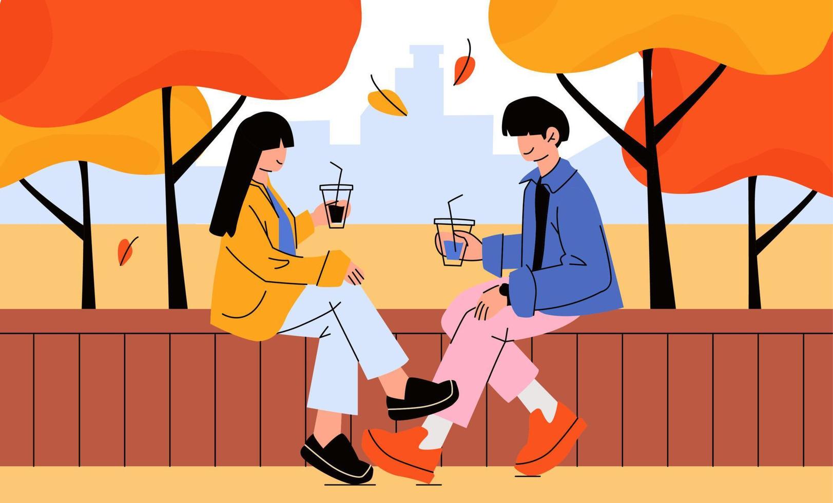 pareja chico y chica bebiendo bebidas, sentados en un banco bajo los árboles en el otoño. hombre y mujer pasando tiempo juntos afuera vector