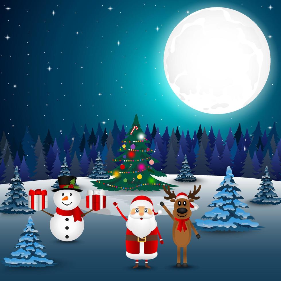 Night christmas forest landscape. Santa Claus with reindeer and a