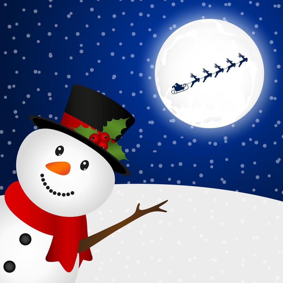 Snowman goodbye, waving Santa Claus flies reindeer on the background of the moon vector