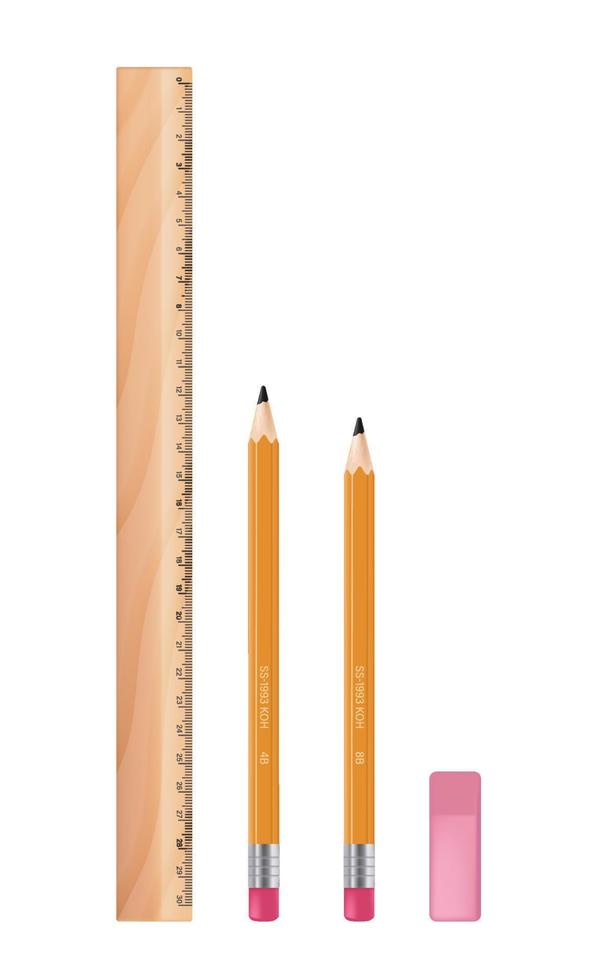 Vector illustration ruler, eraser, pencil isolated on white background. Stationery, office tools.