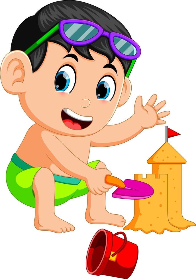 funny boy making a big sandcastle at beach vector
