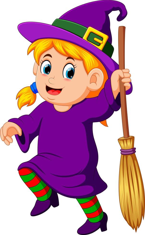 girl witch with a broom vector