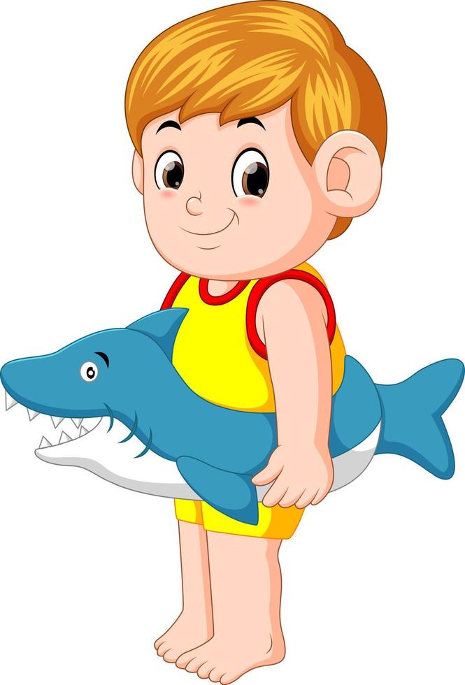 boy playing with shark inflatable ring vector