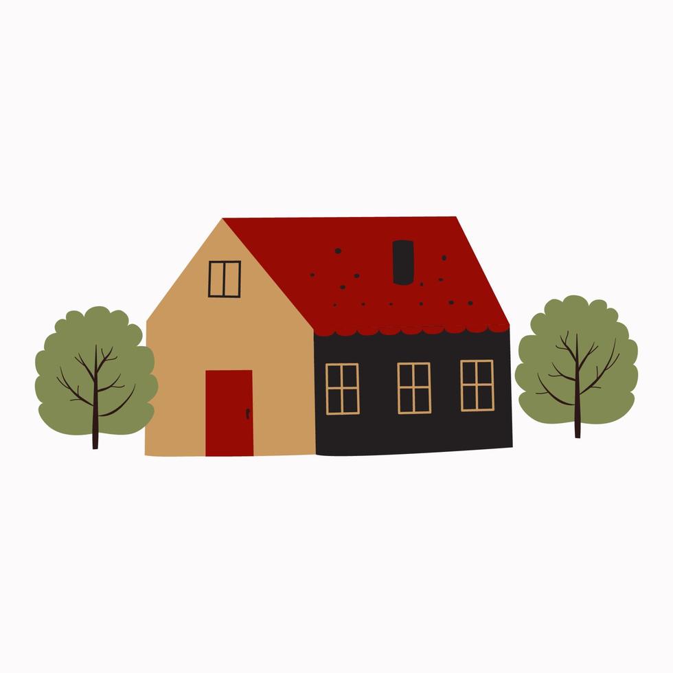 Forest wooden house or cottage decorated with trees, on white background. vector