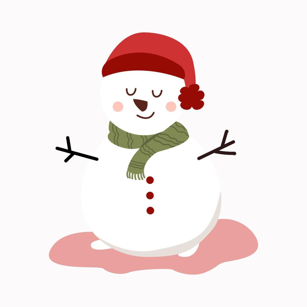 Vector illustration of a snowman in a red hat on a white background