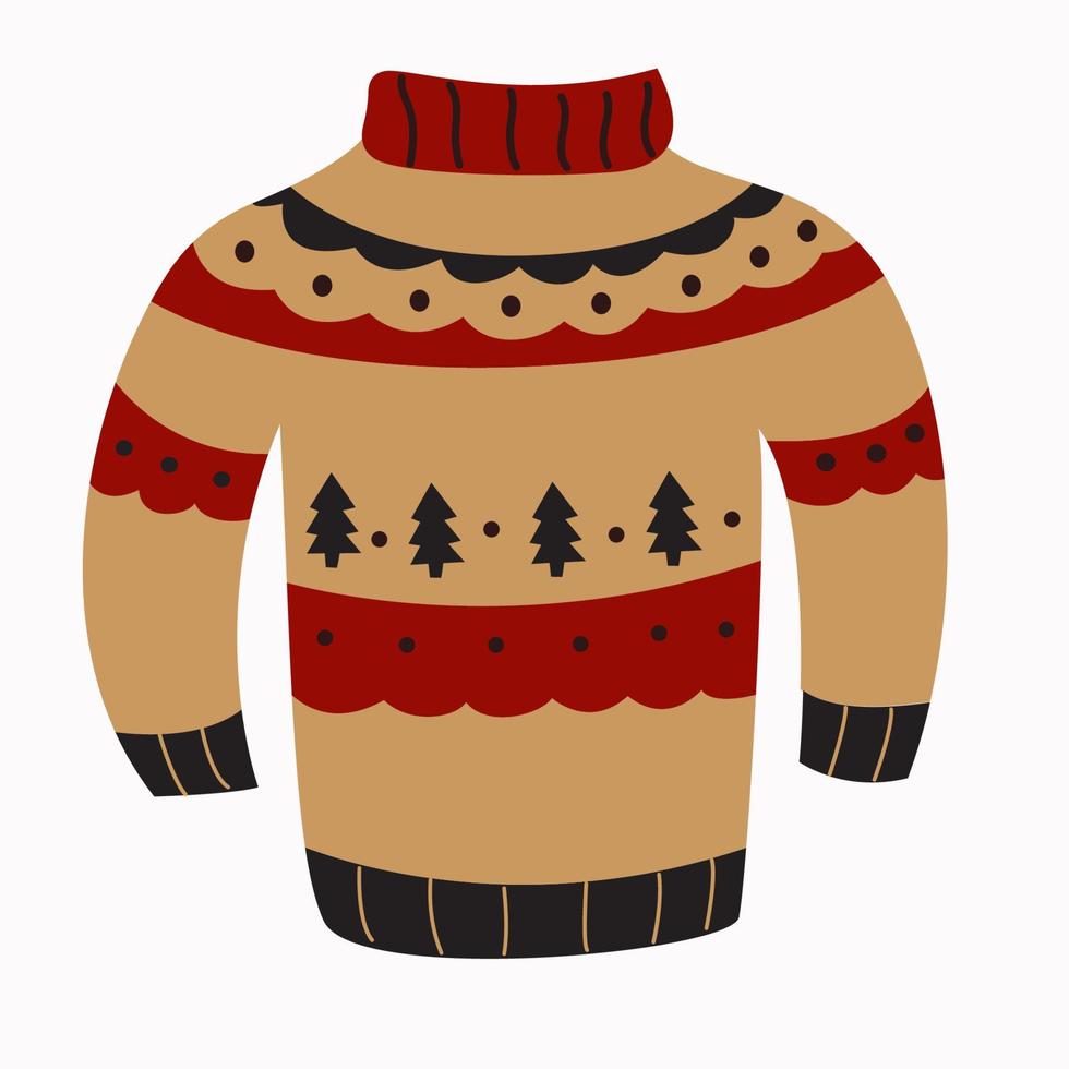 Red gold Christmas sweater, knitted warm jumper with cute vector illustration of Christmas trees on a white background