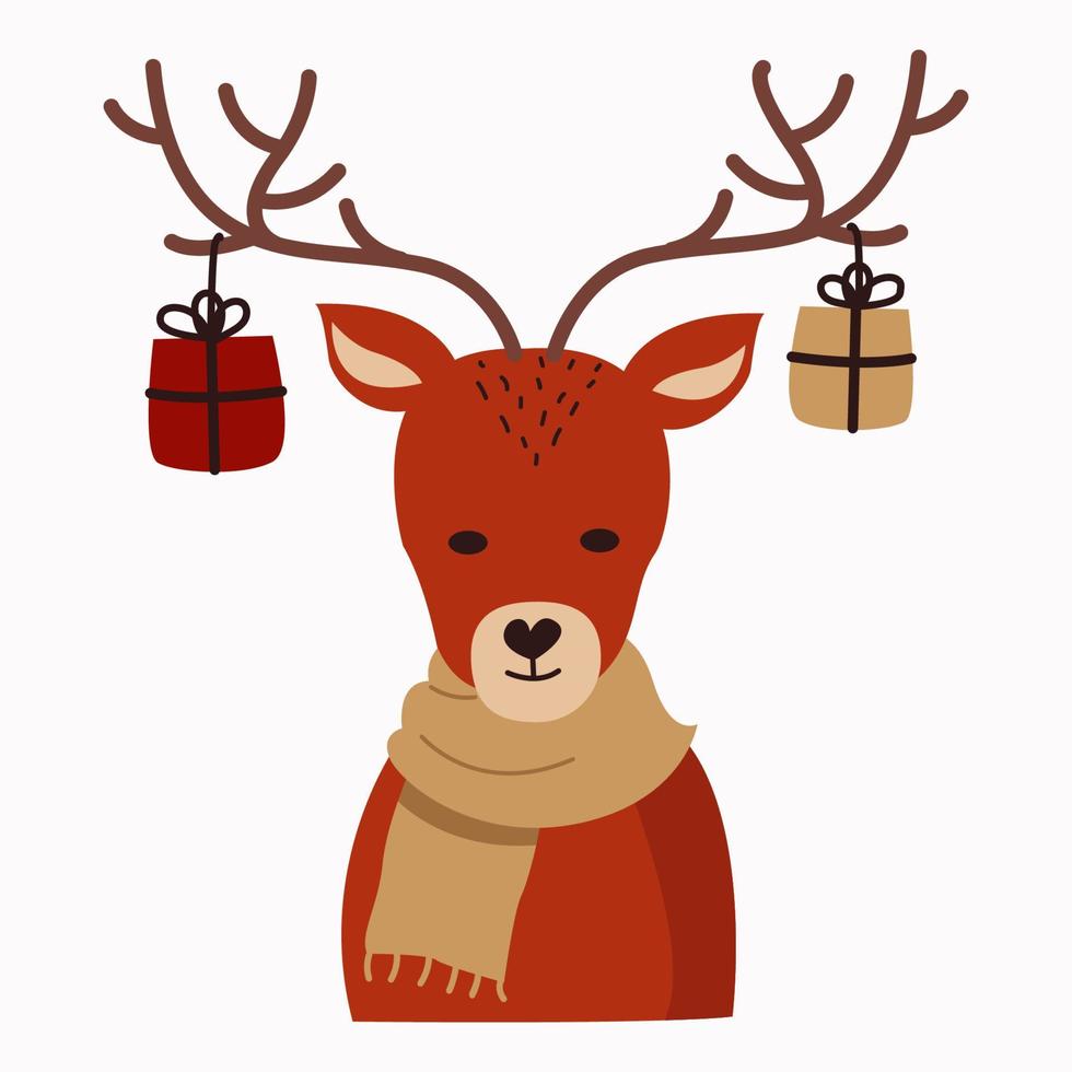 funny reindeer with Christmas gifts on its horns. the vector illustration is isolated. Christmas card