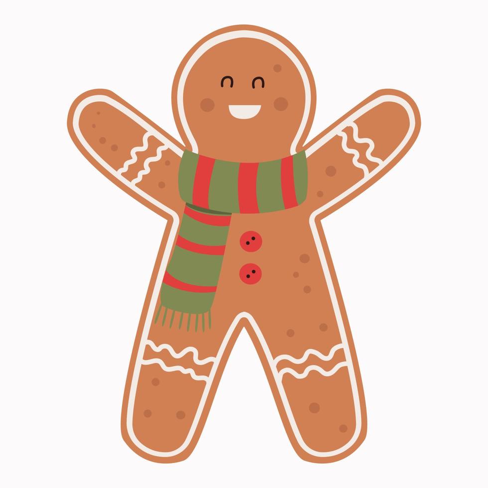 Holiday gingerbread man cookie. Cookie in shape of man with colored icing. Happy new year decoration. Merry christmas holiday. Vector illustration in flat style