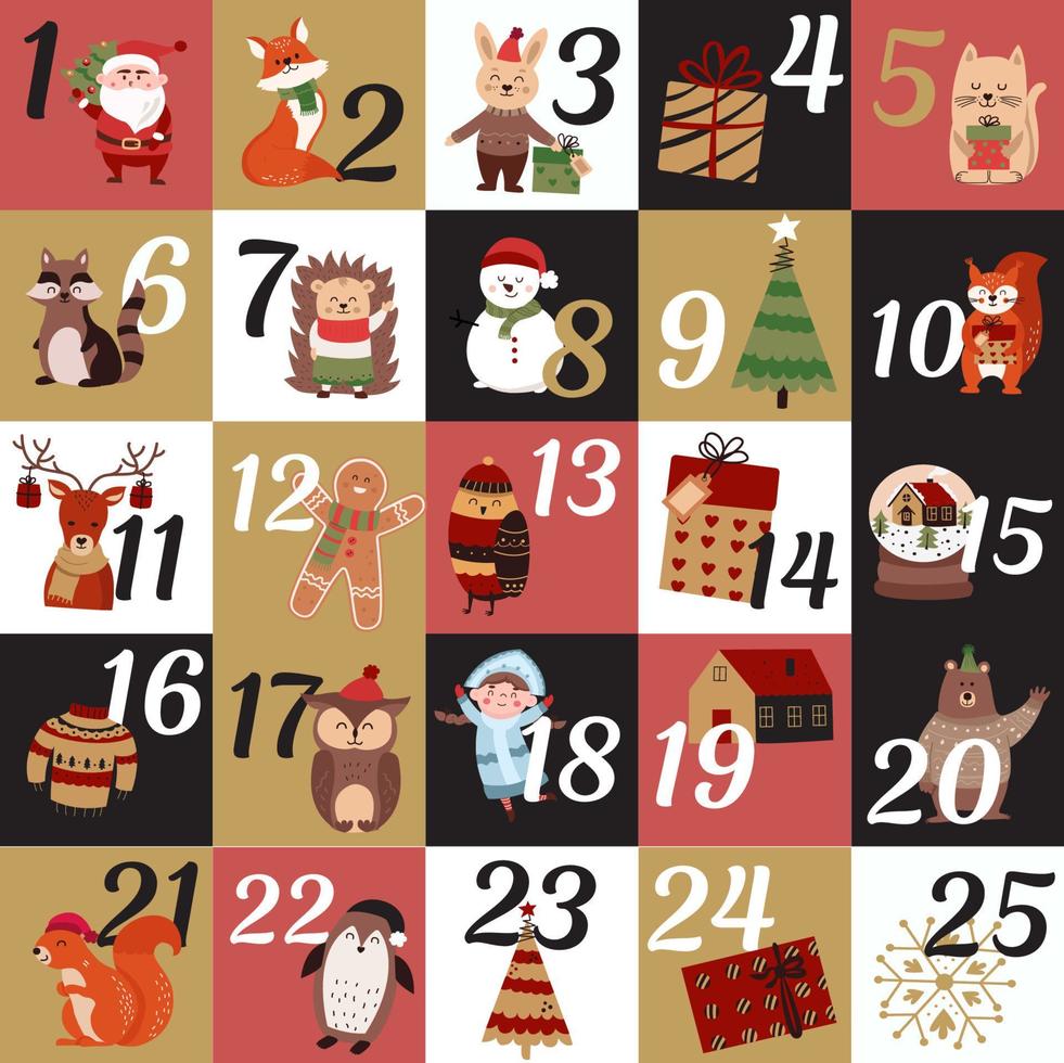 Advent calendar. Winter holiday poster, December dates of festive events with Christmas characters Santa Claus, deer and bear in the window with an ornament of red and gold colors vector greeting card