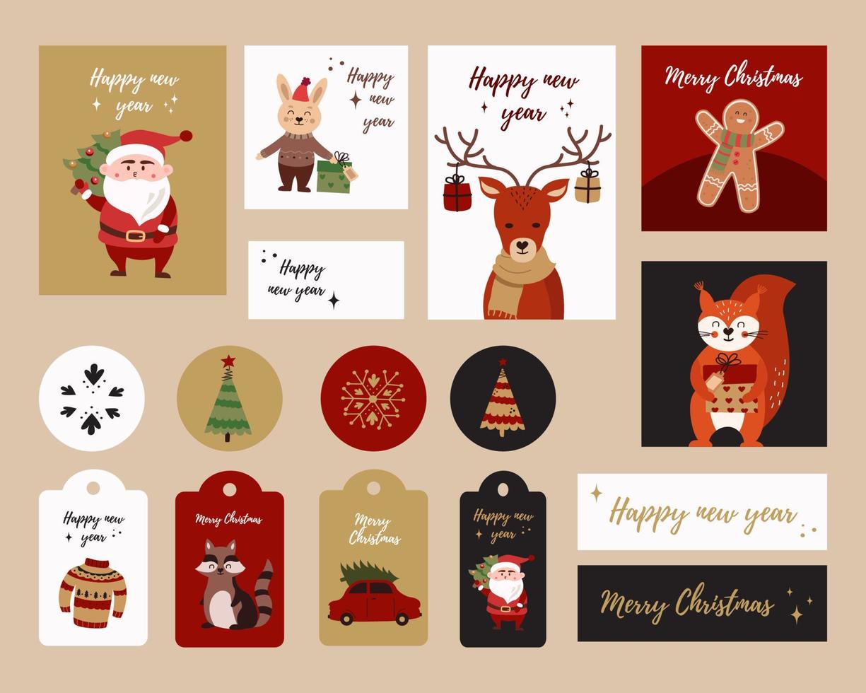 conjunto de pegatinas y etiquetas de tarjetas de navidad. con personajes de dibujos animados, santa, doncella de nieve, muñeco de nieve, oso, ciervo. las inscripciones feliz navidad y feliz año nuevo. ilustración vectorial vector