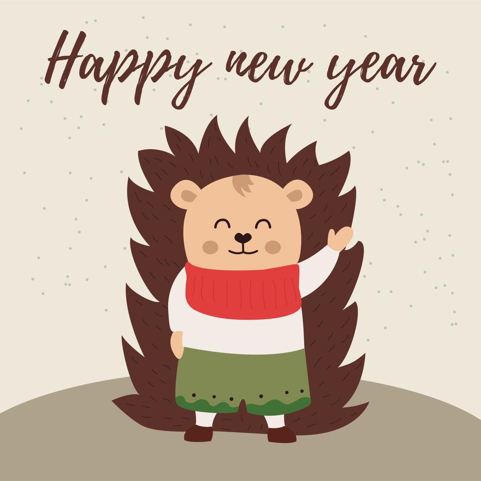 Vector image of a beige-colored with the image of a cute hedgehog, with the text happy new year.