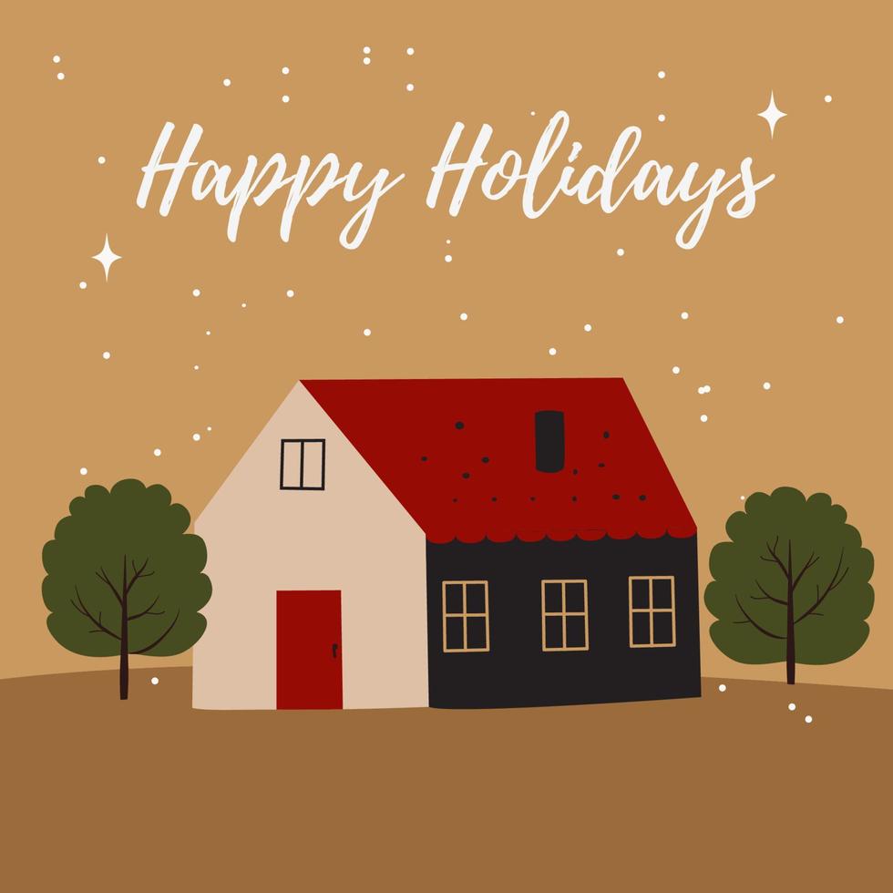 Vector picture of a golden-colored post with the image of a house and trees, with the text happy holidays