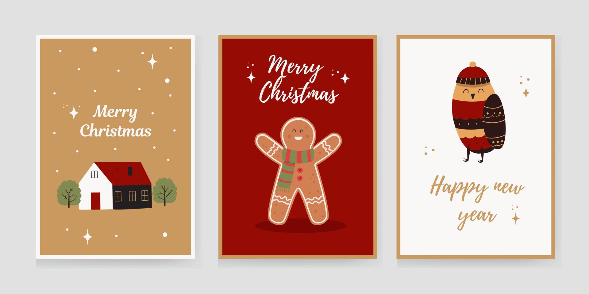 conjunto navideño de fondos, tarjetas de felicitación, carteles web, portadas navideñas. diseño con la imagen de una casa, un pájaro camachuelo, un hombre de pan de jengibre. plantillas de banner para la fiesta de navidad. vector