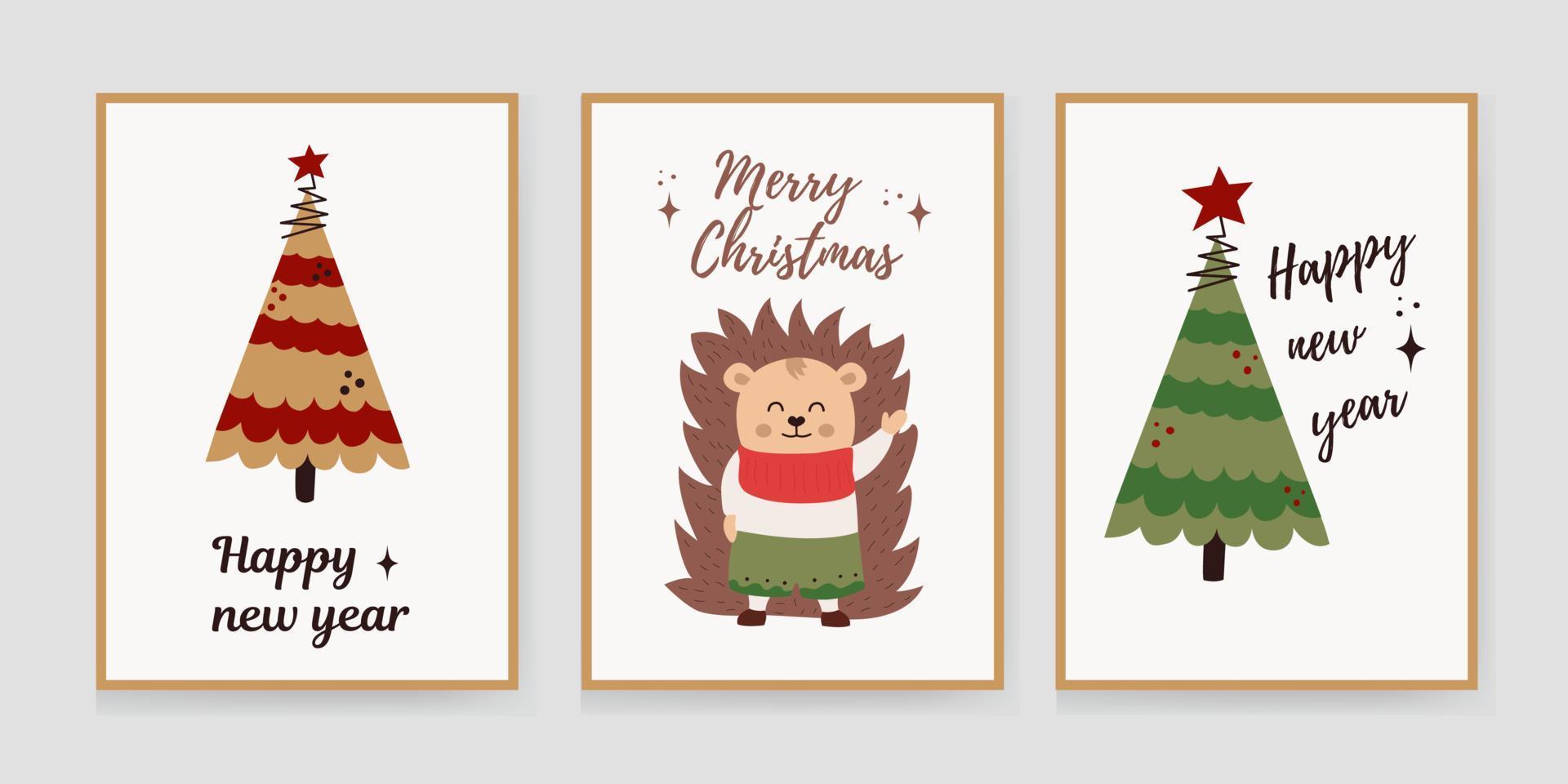 Christmas set of backgrounds, greeting cards, web posters, holiday covers. Design with the image of a christmas trees, hedgehog. Banner templates for the Christmas party. vector