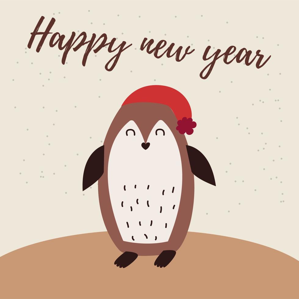 Vector image of beige color with the image of a cute penguin, with the text happy new year.