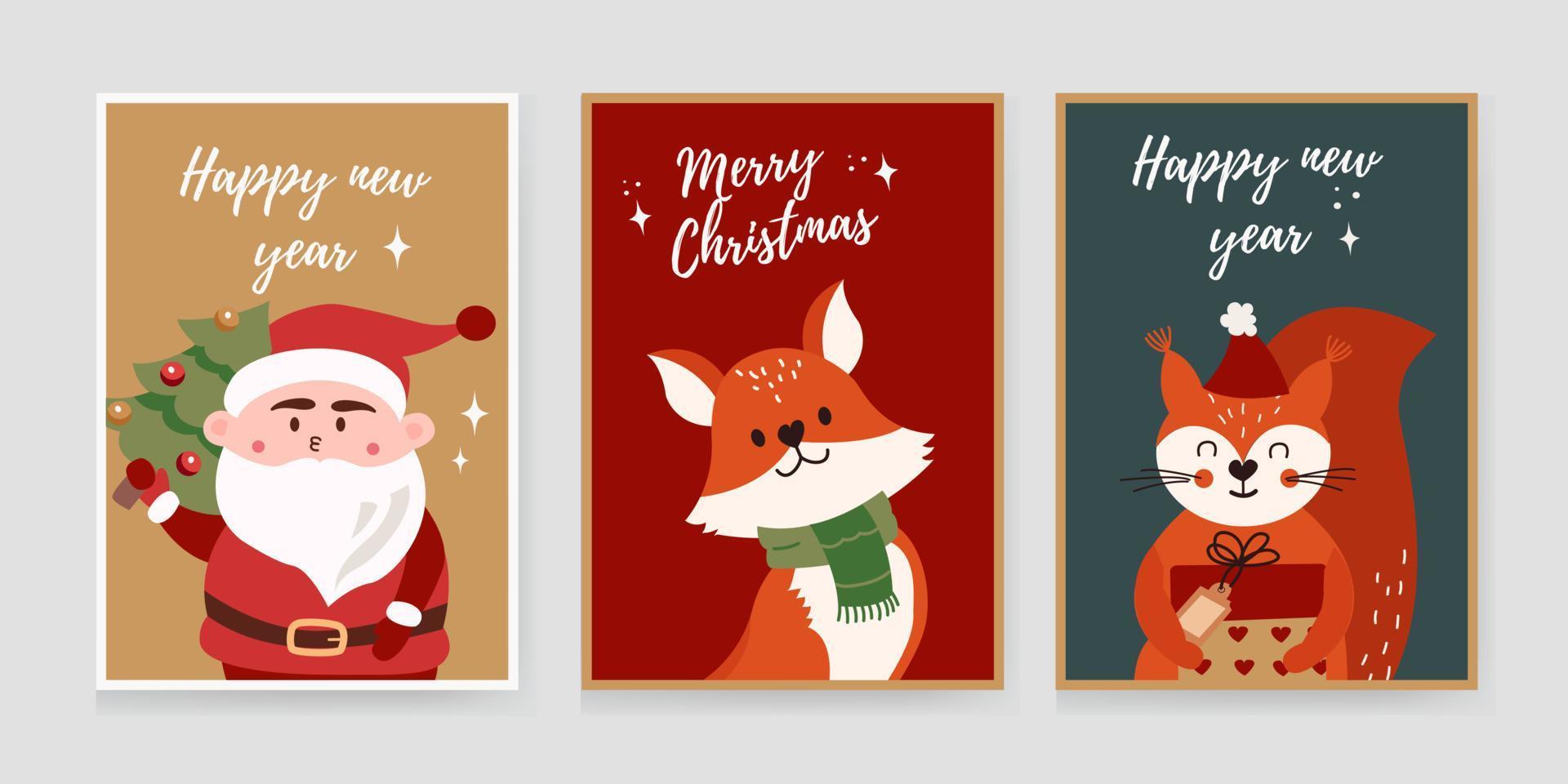 Christmas set of backgrounds, greeting cards, web posters, holiday covers. Design with the image of a santa claus, squirrel, fox. Banner templates for the Christmas party. vector