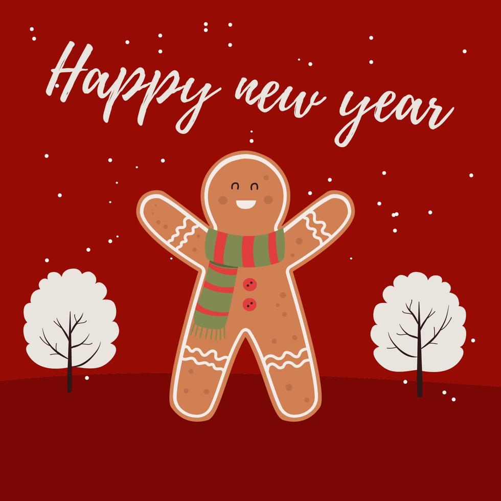 Vector image of a red background color with the image of a gingerbread cookie man, with the text merry Christmas. message, poster, postcard.