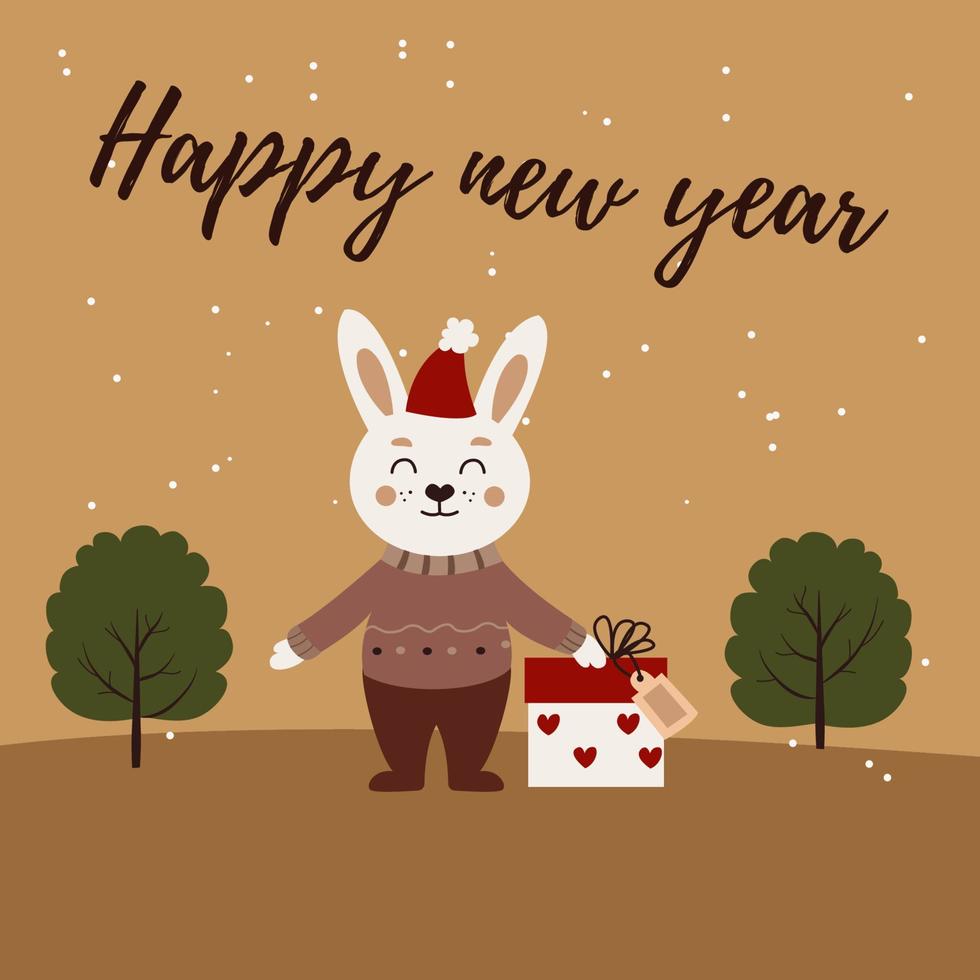 imagen vectorial de color dorado con la imagen de un conejo en un regalo, con el texto feliz navidad. mensaje, cartel, postal vector