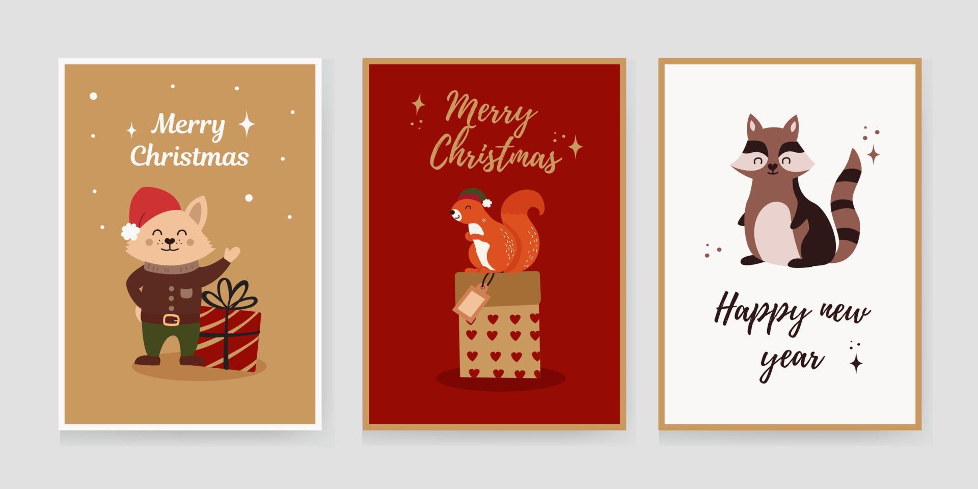 conjunto navideño de fondos, tarjetas de felicitación, carteles web, portadas navideñas. diseño con la imagen de una liebre, conejo, caja de regalo, regalos, oso. plantillas de banner para la fiesta de navidad. vector