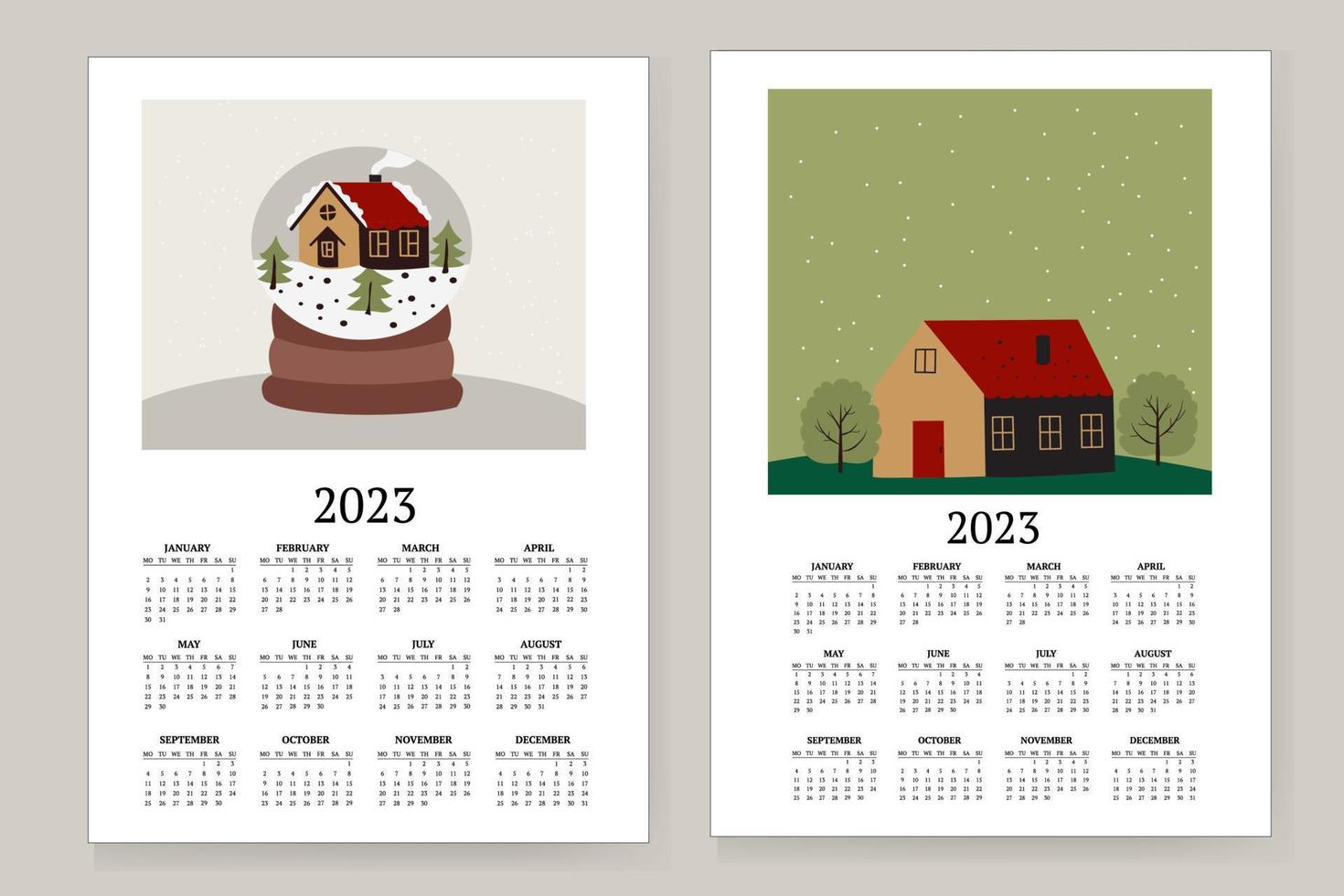 Vector illustration of the calendar year 2023. The week starts on Sunday. Featuring a landscape of a house with trees and a toy globe with a house inside. Vector