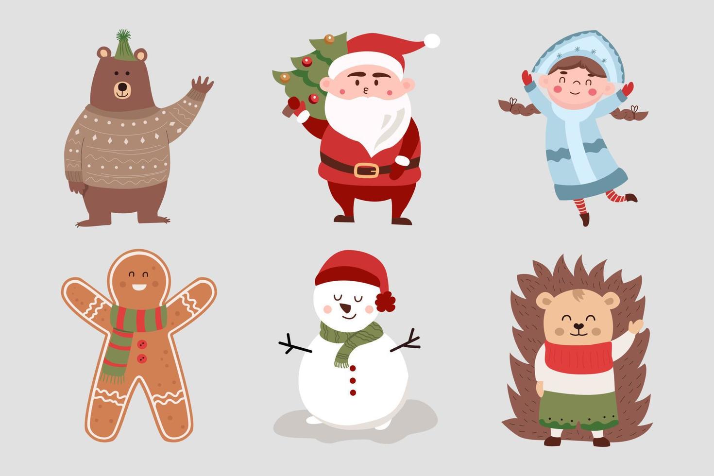 Christmas vector set. Santa bear snow maiden, and hedgehog. Vector illustration