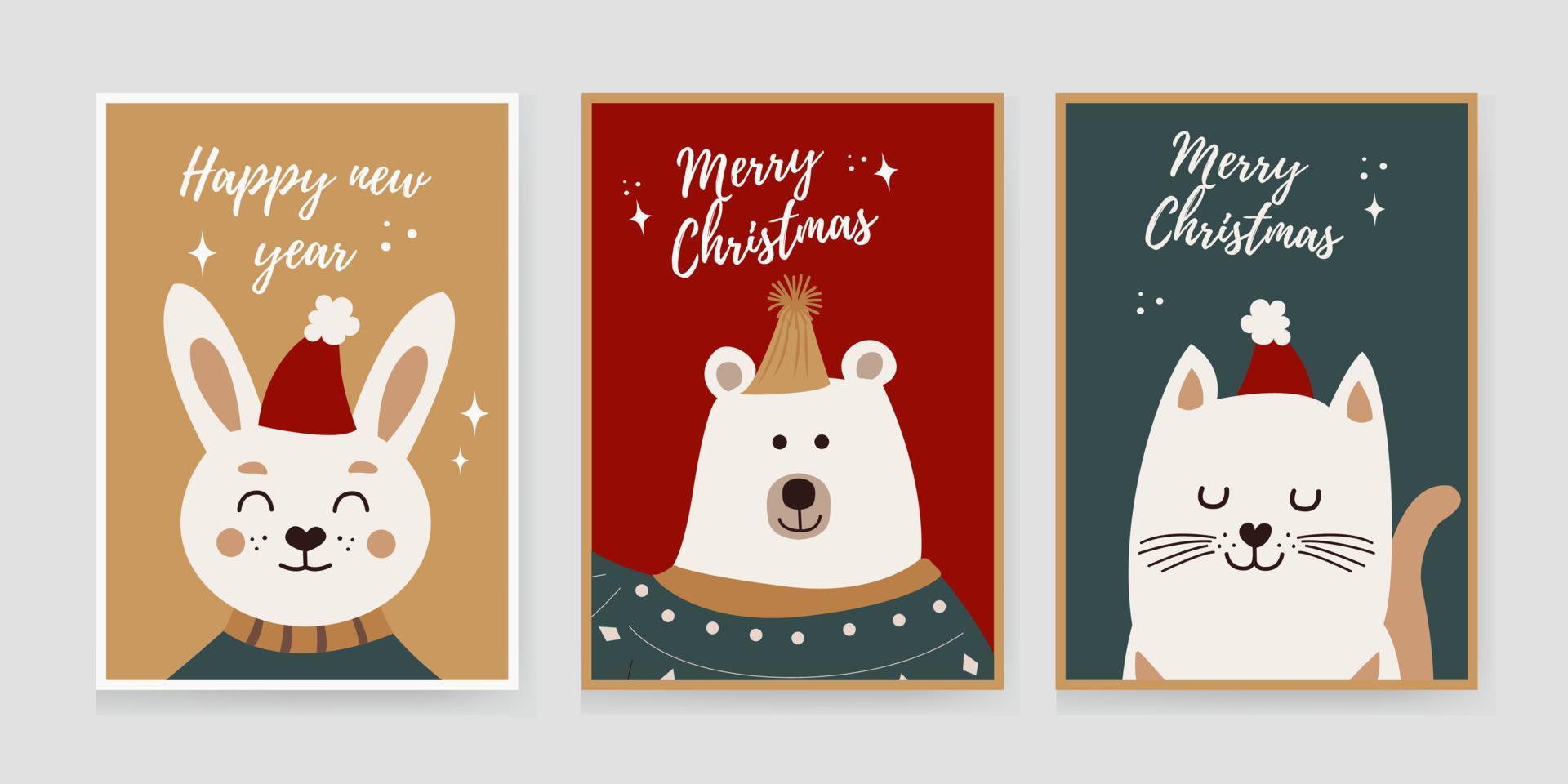 conjunto navideño de fondos, tarjetas de felicitación, carteles web, portadas navideñas. diseño con la imagen de una liebre, gato, oso, conejo. plantillas de banner para la fiesta de navidad. vector